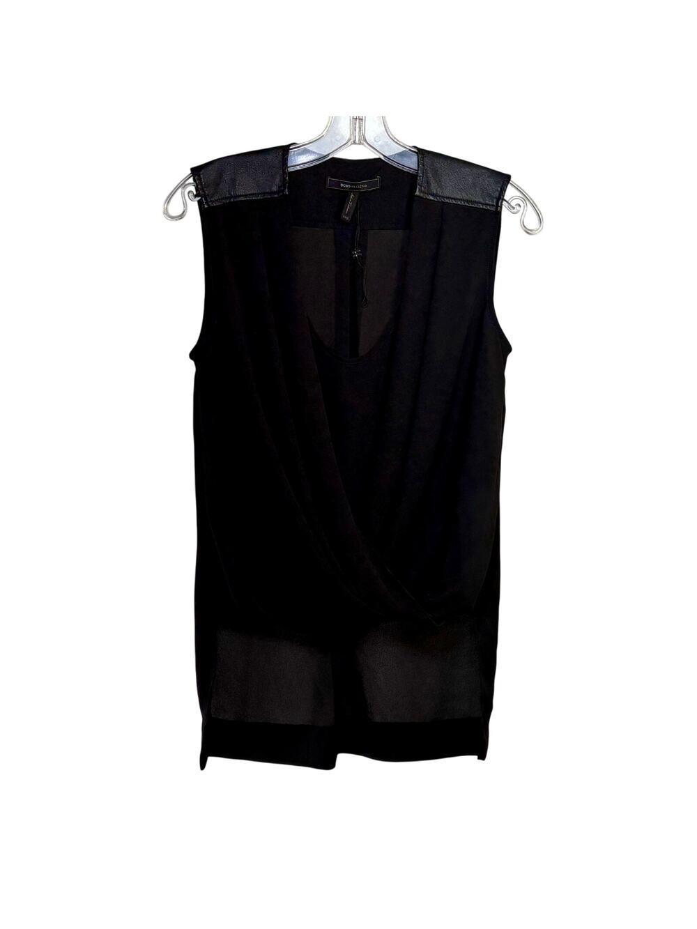BCBGMAXAZRIA Women's XXS Black Nettie High Low Wrap Top Faux Leather Shoulders